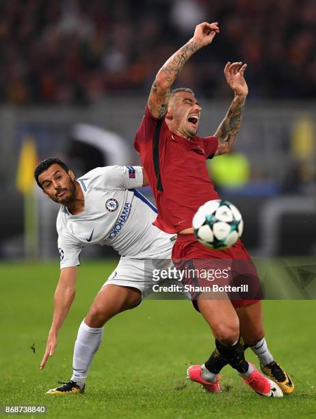 Pedro of Chelsea challenges Aleksandar Kolarov of AS Roma during the UEFA Champions League group C match between AS Roma and Chelsea FC at Stadio...