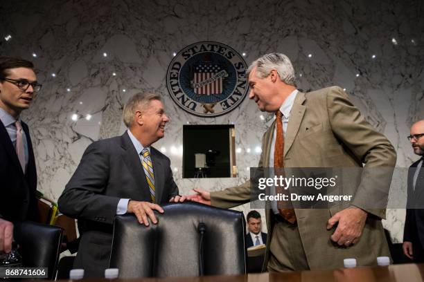 Subcommittee chairman Sen. Lindsey Graham and subcommittee ranking member Sen. Sheldon Whitehouse arrive for a Senate Judiciary Subcommittee on Crime...