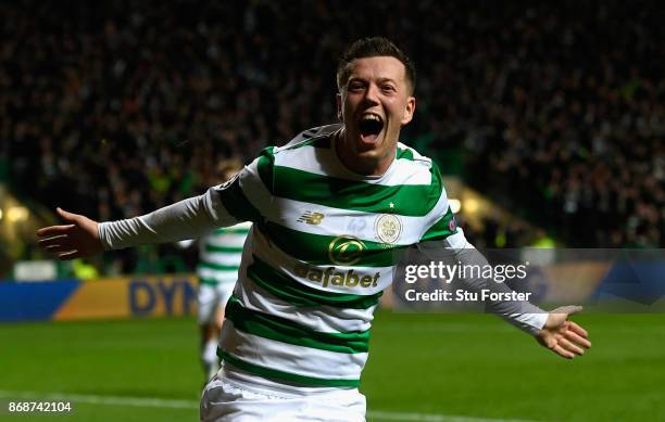 Callum McGregor of Celtic celebrates scoring his side's first goal during the UEFA Champions League group B match between Celtic FC and Bayern...