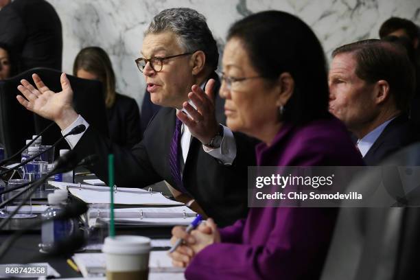 Senate Judiciary Committee member Sen. Al Franken questions witnesses from Google, Facebook and Twitter during a Crime and Terrorism Subcommittee...