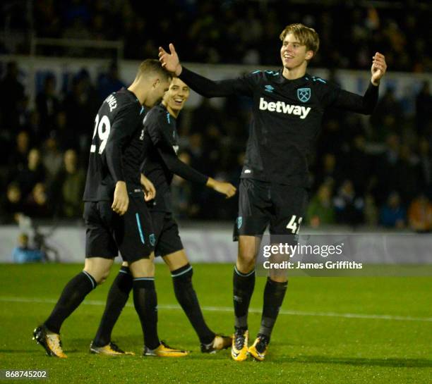 Martin Samuelsen of West Ham United celebrates his goal during the Checkatrade Trophy match between Bristol Rovers and West Ham United at Memorial...