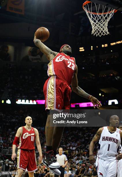 LeBron James of the Cleveland Cavaliers dunks against the Atlanta Hawks in Game Three of the Eastern Conference Semifinals during the 2009 NBA...