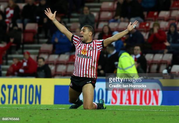 James Vaughn of Sunderland appeals for a penalty during the Sky Bet Championship match between Sunderland and Bolton Wanderers at Stadium of Light on...