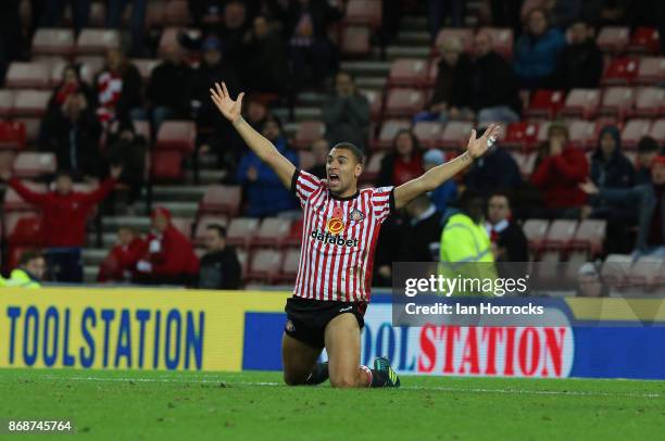 James Vaughn of Sunderland appeals for a penalty during the Sky Bet Championship match between Sunderland and Bolton Wanderers at Stadium of Light on...