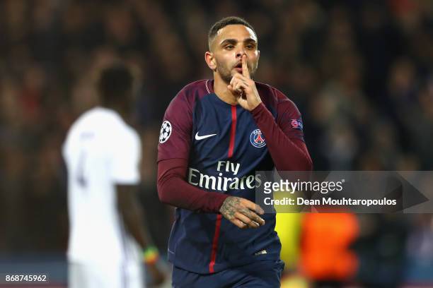Layvin Kurzawa of PSG celebrates scoring his sides fourth goal during the UEFA Champions League group B match between Paris Saint-Germain and RSC...