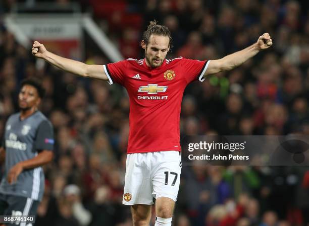 Daley Blind of Manchester United celebrates scoring their second goal during the UEFA Champions League group A match between Manchester United and SL...