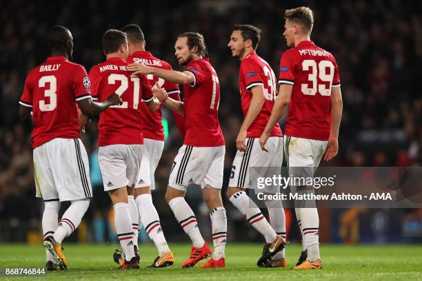 Daley Blind of Manchester United celebrates scoring a goal to make the score 2-0 during the UEFA Champions League group A match between Manchester...