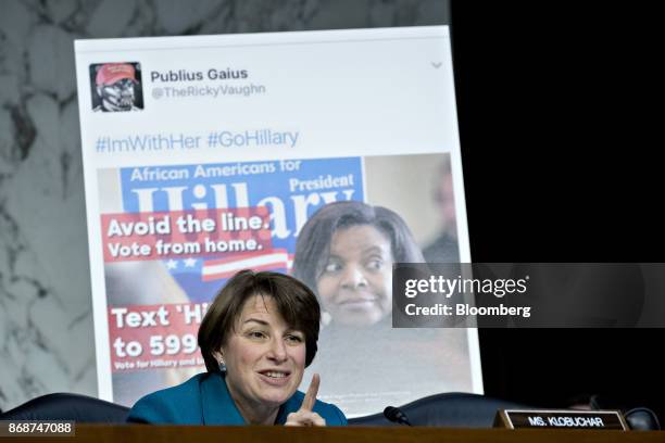 Senator Amy Klobuchar, a Democrat from Minnesota, questions witnesses in front of a Twitter Inc. Post during a Senate Judiciary Crime and Terrorism...