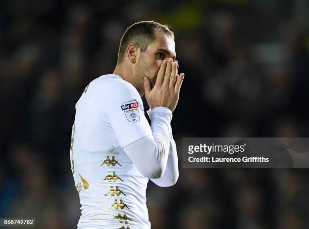 Pierre-Michel Lasogga of Leeds United reacts after a missed chance during the Sky Bet Championship match between Leeds United and Derby County at...