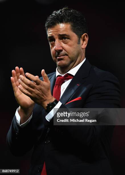 Rui Vitoria of Benfica reacts following the UEFA Champions League group A match between Manchester United and SL Benfica at Old Trafford on October...