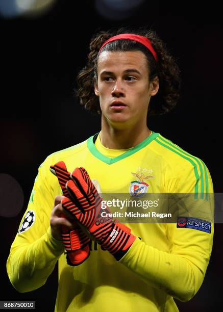 Mile Svilar of Benfica looks dejected following the UEFA Champions League group A match between Manchester United and SL Benfica at Old Trafford on...