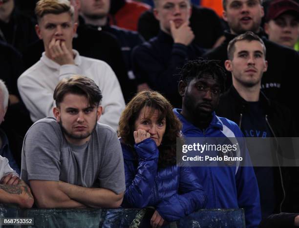 Chelsea FC fans react after the UEFA Champions League group C match between AS Roma and Chelsea FC at Stadio Olimpico on October 31, 2017 in Rome,...