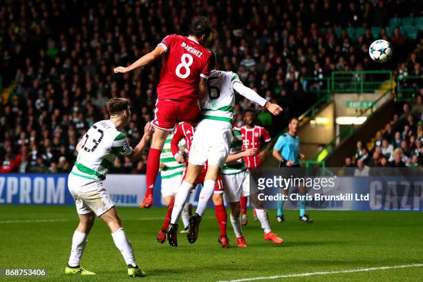 Javi Martinez of Bayern Muenchen scores his side's second goal during the UEFA Champions League group B match between Celtic FC and Bayern Muenchen...