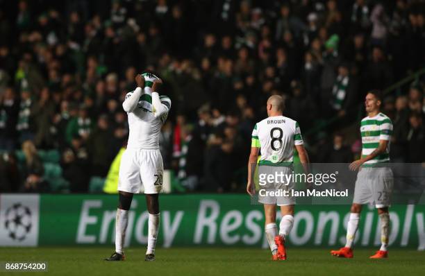 Dedryck Boyata of Celtic reacts following his side's loss following the UEFA Champions League group B match between Celtic FC and Bayern Muenchen at...