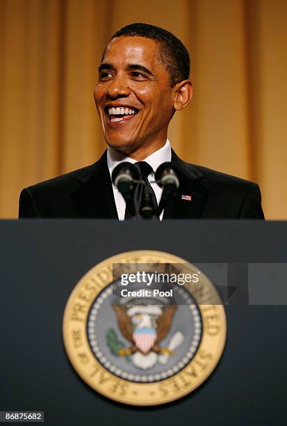 President Barack Obama speaks during the annual White House Correspondents' Association gala dinner May 9, 2009 at the Washington Hilton Hotel,...