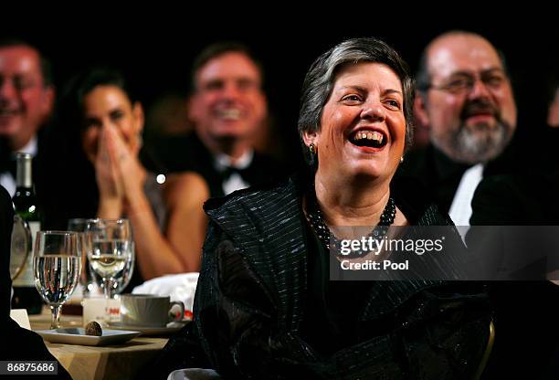 Homeland Security Secretary Janet Napolitano reacts to President Barack Obama's speech during the annual White House Correspondents' Association gala...