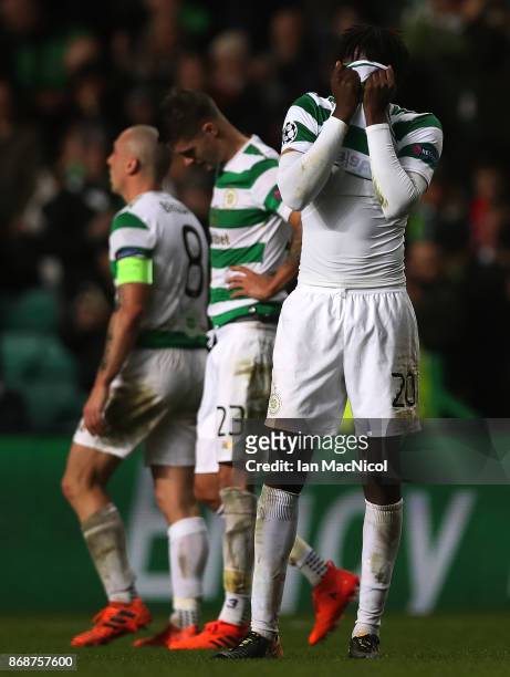 Dedryck Boyata of Celtic reacts at full time during the UEFA Champions League group B match between Celtic FC and Bayern Muenchen at Celtic Park on...