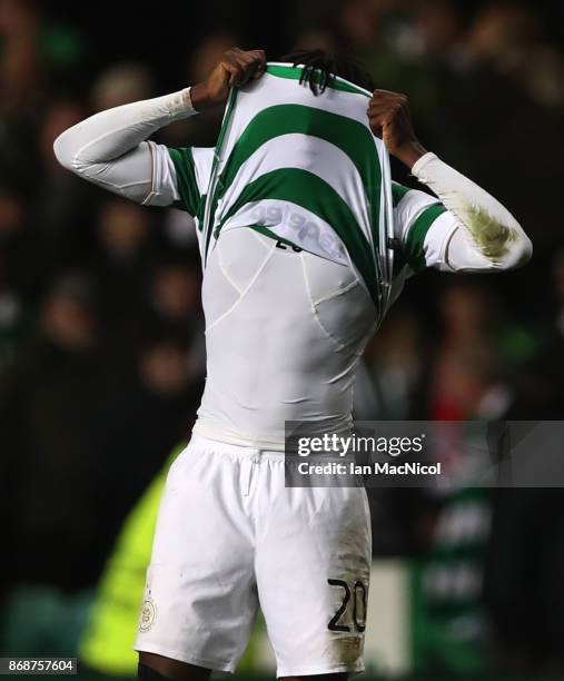 Dedryck Boyata of Celtic reacts at full time during the UEFA Champions League group B match between Celtic FC and Bayern Muenchen at Celtic Park on...