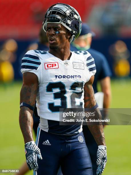 James Wilder Jr. #32 of the Toronto Argonauts during the warm up against the Edmonton Eskimos at BMO field on September 16, 2017 in Toronto, Ontario,...