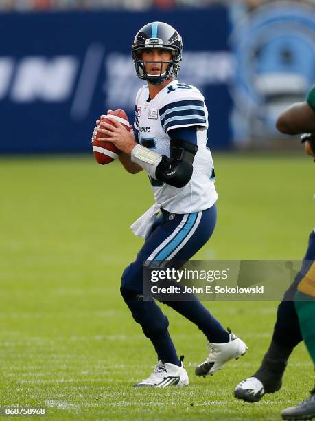 Ricky Ray of the Toronto Argonauts sets up to pass against the Edmonton Eskimos during a game at BMO field on September 16, 2017 in Toronto, Ontario,...