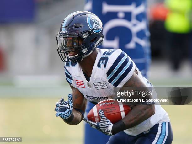 James Wilder Jr. #32 of the Toronto Argonauts carries the ball against the Edmonton Eskimos during a game at BMO field on September 16, 2017 in...