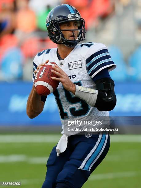 Ricky Ray of the Toronto Argonauts looks to pass against the Edmonton Eskimos during a game at BMO field on September 16, 2017 in Toronto, Ontario,...