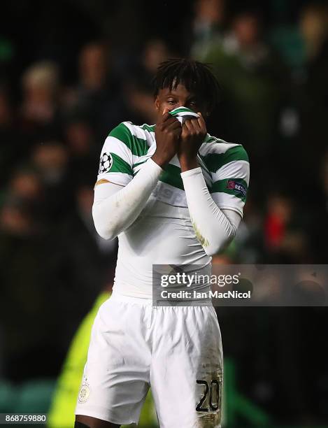 Dedryck Boyata of Celtic reacts at full time during the UEFA Champions League group B match between Celtic FC and Bayern Muenchen at Celtic Park on...