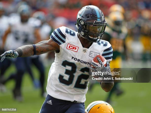 James Wilder Jr. #32 of the Toronto Argonauts carries the ball against the Edmonton Eskimos during a game at BMO field on September 16, 2017 in...