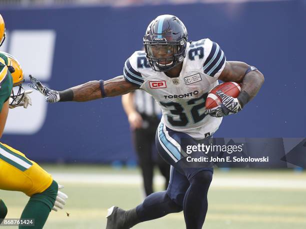 James Wilder Jr. #32 of the Toronto Argonauts carries the ball against the Edmonton Eskimos during a game at BMO field on September 16, 2017 in...