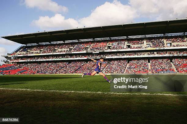 Kurt Gidley of the Knights takes a conversion attempt during the round nine NRL match between the Newcastle Knights and the Gold Coast Titans at...