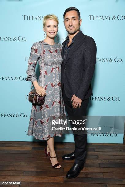 Andrea Osvart and Roberto Farinelli attend Tiffany & Co Gala Dinner for 'Please Stand By' movie at Hotel Bernini on October 31, 2017 in Rome, Italy.