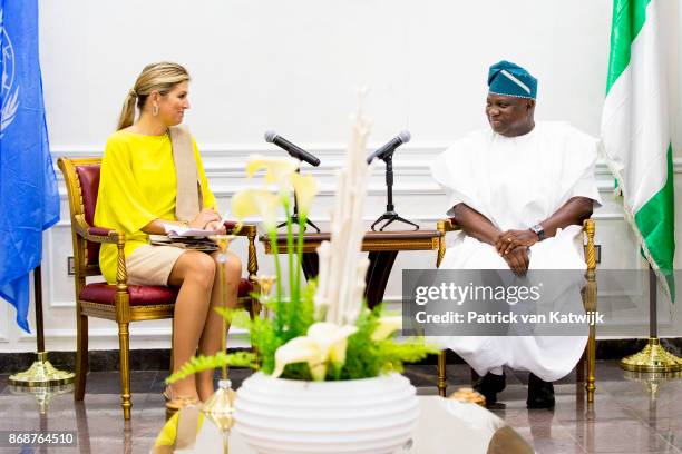 Queen Maxima of The Netherlands visits governor Akinwunmi Ambode at his office on October 31, 2017 in Lagos, Nigeria. Queen Maxima of The Netherlands...