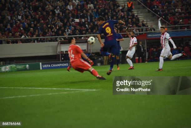 Luis Suarez of Barcelona during the UEFA Champions League group D football match between FC Barcelona and Olympiakos FC at the Karaiskakis stadium in...
