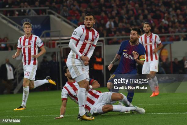 Lionel Messi of Barcelona in action during the UEFA Champions League group D football match between FC Barcelona and Olympiakos FC at the Karaiskakis...