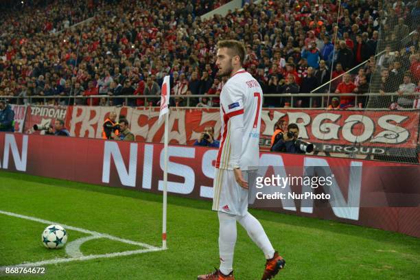 Olympiakos' midfielder Kostas Fortounis during the UEFA Champions League group D football match between FC Barcelona and Olympiakos FC at the...
