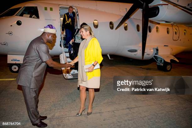 Queen Maxima of The Netherlands arrives on the airport of Abuja on October 31, 2017 in Abuja, Nigeria. Queen Maxima of The Netherlands visits Nigeria...
