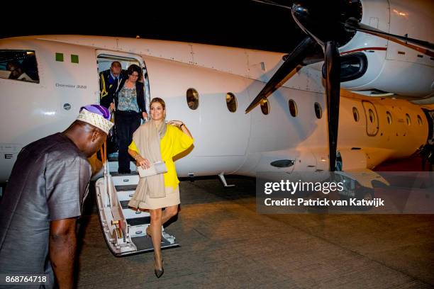 Queen Maxima of The Netherlands arrives on the airport of Abuja on October 31, 2017 in Abuja, Nigeria. Queen Maxima of The Netherlands visits Nigeria...