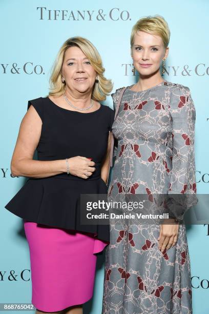Raffaella Baschero and Andrea Osvart attends Tiffany & Co Gala Dinner for 'Please Stand By' movie at Hotel Bernini on October 31, 2017 in Rome, Italy.