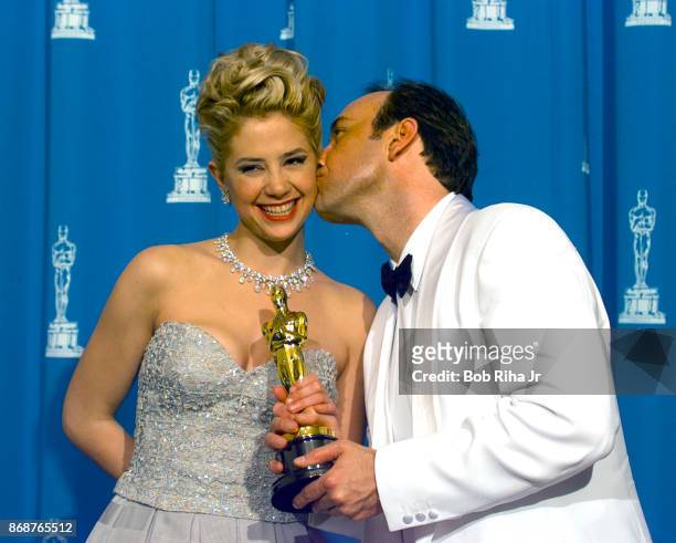 Oscar Winner Actor Kevin Spacey and Mira Sorvino backstage during 1996 Academy Awards Show, on March 25 in Los Angeles, California.