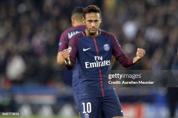 Neymar Jr of Paris-Germain reacts after scoring during the UEFA Champions League group B match between Paris Saint-Germain and RSC Anderlecht at Parc...