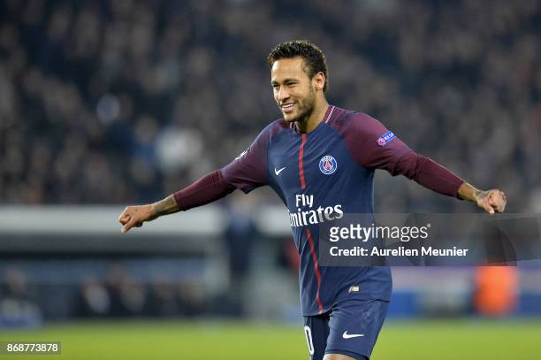 Neymar Jr of Paris-Germain reacts after teammate Layvin Kurzawa scored his hat trick during the UEFA Champions League group B match between Paris...