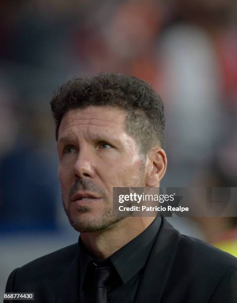 Diego Simeone coach of Atletico de Madrid looks on prior a match between Atletico Madrid and Qarabag FK as part of the UEFA Champions League at Wanda...