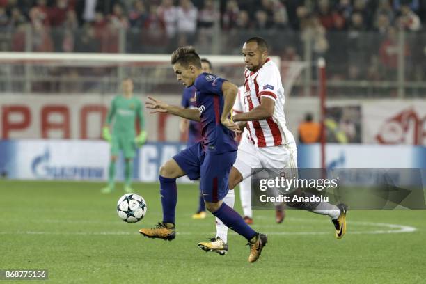 Denis Suarez of Barcelona in action against Vadis Odjidja of Olympiakos during a UEFA Champions League match between Olympiakos and Barcelona at the...