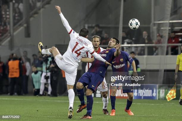 Luis Suarez of Barcelona in action during a UEFA Champions League match between Olympiakos and Barcelona at the Giorgos Karaiskakis stadium in...