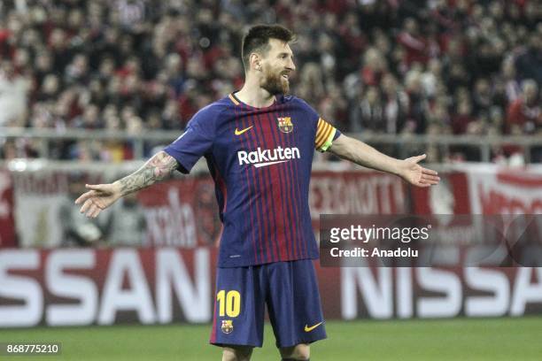 Lionel Messi of Barcelona objects to the referee during a UEFA Champions League match between Olympiakos and Barcelona at the Giorgos Karaiskakis...
