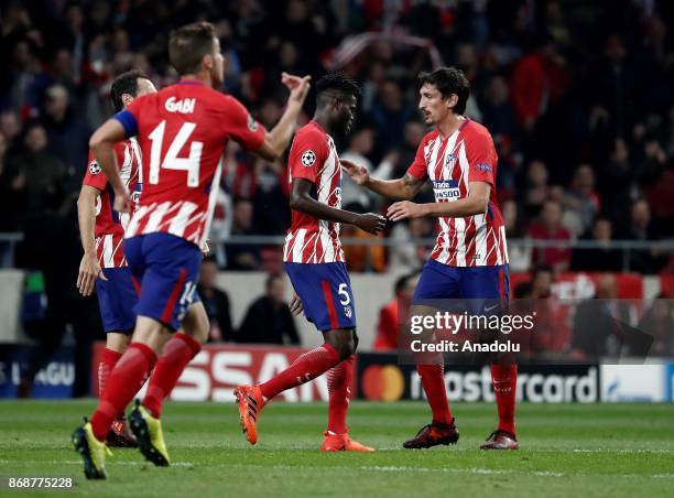 Thomas of Atletico Madrid celebrates his goal during the UEFA Champions League Group C soccer match between Atletico Madrid and Qarabag FK at Wanda...