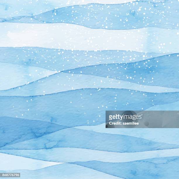ilustraciones, imágenes clip art, dibujos animados e iconos de stock de fondo azul acuarela del invierno con nieve - watercolor painting