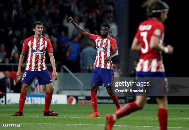 Thomas of Atletico Madrid celebrates his goal during the UEFA Champions League Group C soccer match between Atletico Madrid and Qarabag FK at Wanda...