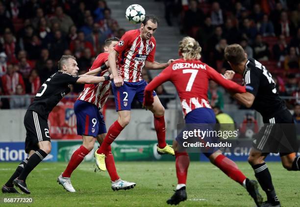 Diego Godin of Atletico Madrid in action during the UEFA Champions League Group C soccer match between Atletico Madrid and Qarabag FK at Wanda...