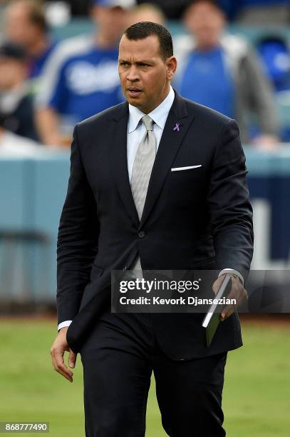 Former Major League Baseball player Alex Rodriguez looks on before game six of the 2017 World Series between the Houston Astros and the Los Angeles...